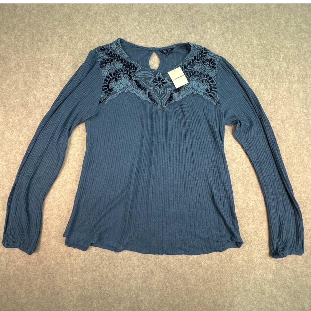 Lucky Brand NWT Women's Ribbed Lace Long‎ Sleeve Blouse Floral Size Medium